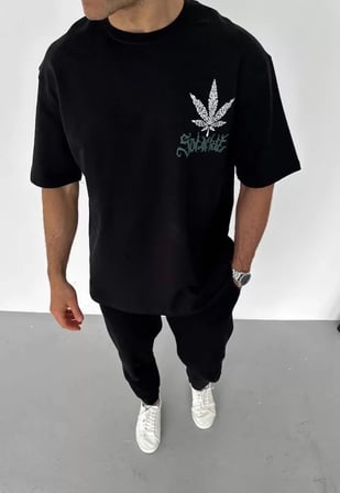 MYTHRIVA  Unisex Bisiklet Yaka Baskılı Oversize T-Shirt - Siyah