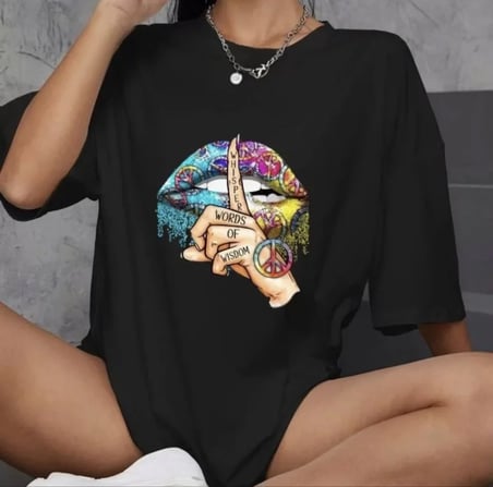 MYTHRIVA  Unisex Bisiklet Yaka Baskılı Oversize T-Shirt - Siyah