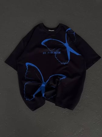 MYTHRIVA  Unisex Bisiklet Yaka Baskılı Oversize T-Shirt - Siyah