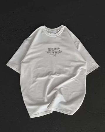 MYTHRIVA  Unisex Bisiklet Yaka Baskılı Oversize T-Shirt - Beyaz