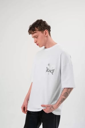 MYTHRIVA  Unisex Bisiklet Yaka Baskılı Oversize T-Shirt - Beyaz