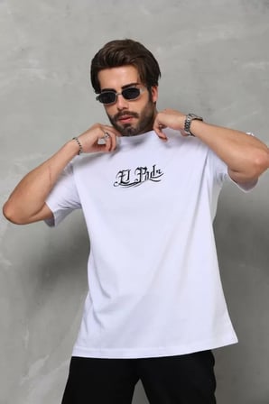 MYTHRIVA  Unisex Bisiklet Yaka Baskılı Oversize T-Shirt - Beyaz