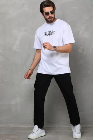 MYTHRIVA  Unisex Bisiklet Yaka Baskılı Oversize T-Shirt - Beyaz