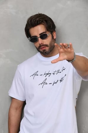 MYTHRIVA  Unisex Bisiklet Yaka Baskılı Oversize T-Shirt - Beyaz