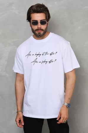 MYTHRIVA  Unisex Bisiklet Yaka Baskılı Oversize T-Shirt - Beyaz