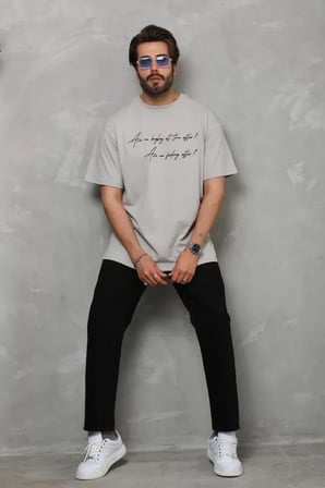 MYTHRIVA  Unisex Bisiklet Yaka Baskılı Oversize T-Shirt - Gri