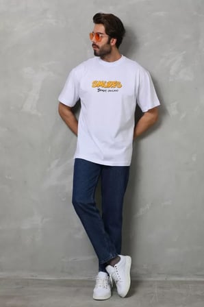 MYTHRIVA  Unisex Bisiklet Yaka Baskılı Oversize T-Shirt - Beyaz