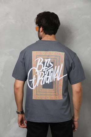 MYTHRIVA  Unisex Bisiklet Yaka Baskılı Oversize T-Shirt - Füme