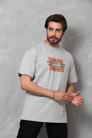 MYTHRIVA  Unisex Bisiklet Yaka Baskılı Oversize T-Shirt - Gri