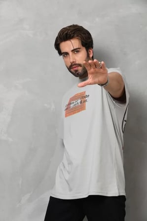 MYTHRIVA  Unisex Bisiklet Yaka Baskılı Oversize T-Shirt - Gri