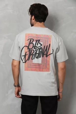 MYTHRIVA  Unisex Bisiklet Yaka Baskılı Oversize T-Shirt - Gri
