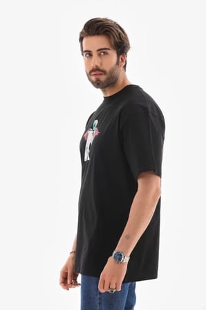 MYTHRIVA  Unisex Bisiklet Yaka Baskılı Oversize T-Shirt - Siyah