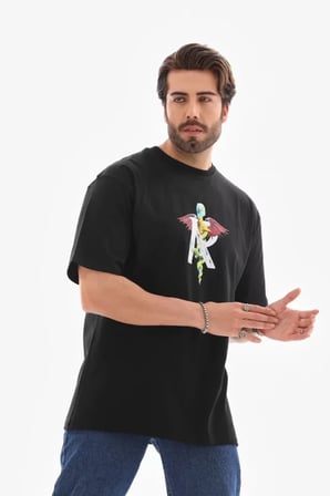 MYTHRIVA  Unisex Bisiklet Yaka Baskılı Oversize T-Shirt - Siyah