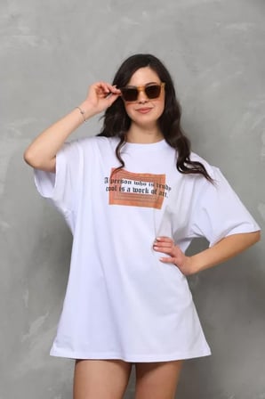 MYTHRIVA  Unisex Bisiklet Yaka Baskılı Oversize T-Shirt - Beyaz