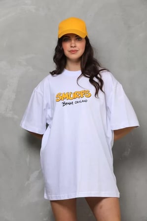 MYTHRIVA  Unisex Bisiklet Yaka Baskılı Oversize T-Shirt - Beyaz