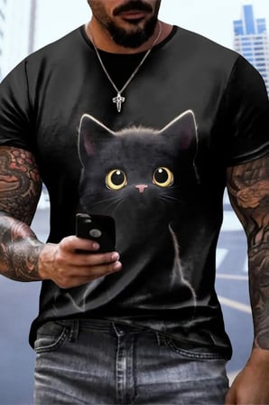 MYTHRIVA  Erkek Bisiklet Yaka Kedi Baskılı Süprem T-shirt