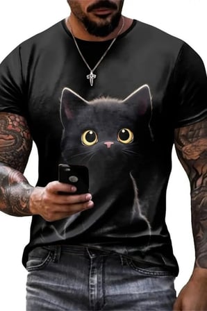 MYTHRIVA  Erkek Bisiklet Yaka Kedi Baskılı Süprem T-shirt