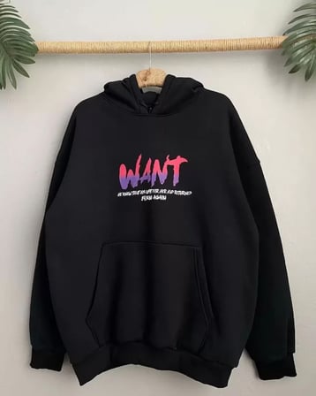 MYTHRIVA  Baskılı Üç İplik Kapüşonlu Oversize Sweatshirt - Siyah
