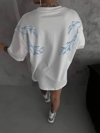 MYTHRIVA  Unisex Bisiklet Yaka Baskılı Oversize T-Shirt - Beyaz
