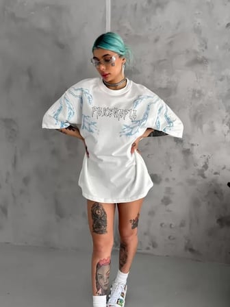 MYTHRIVA  Unisex Bisiklet Yaka Baskılı Oversize T-Shirt - Beyaz