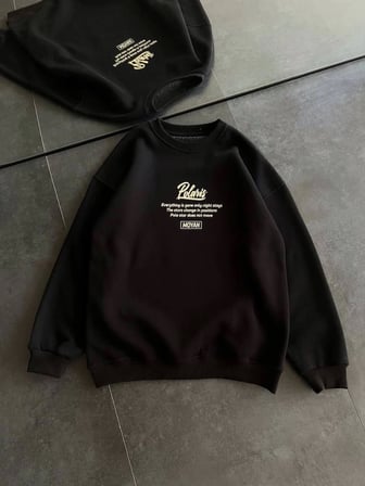 MYTHRIVA  Kışlık Bisiklet Yaka Ön Ve Arka Baskılı SweatShirt - Siyah