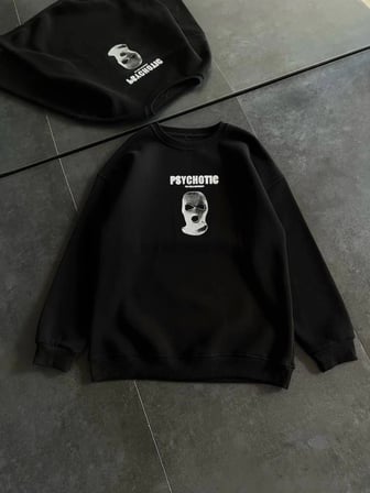 MYTHRIVA  Kışlık Bisiklet Yaka Baskılı SweatShirt - Siyah