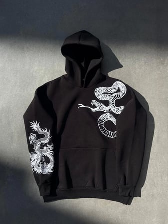 MYTHRIVA  Uzun Kol Kapşonlu Baskılı SweatShirt - Siyah
