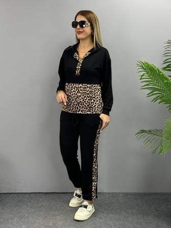 MYTHRIVA  Kadın Uzun Kollu Leopar Detay Sweat Ve Yanı Leopar şerit Detay Pantolon Ikili Takım