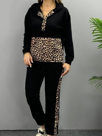 MYTHRIVA  Kadın Uzun Kollu Leopar Detay Sweat Ve Yanı Leopar şerit Detay Pantolon Ikili Takım