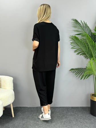 MYTHRIVA  Kadın Kısa Kollu V Yakalı Pul Payetli Viskon Iki Iplik Bluz Ve Pantolon Ikili Takım