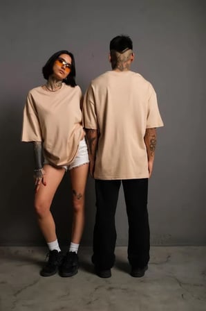 MYTHRIVA  Erkek 24/1 Düz A Kalite Oversize T-shirt - Bej