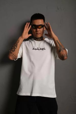 MYTHRIVA  Erkek Bisiklet Yakalı Sırt Baskılı Oversize T-Shirt - Beyaz