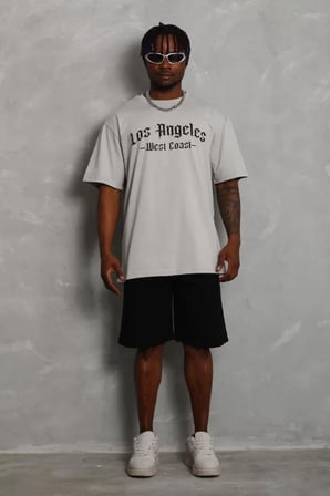 MYTHRIVA  Unisex Oversize Baskılı Bisiklet Yaka T-Shirt - Gri