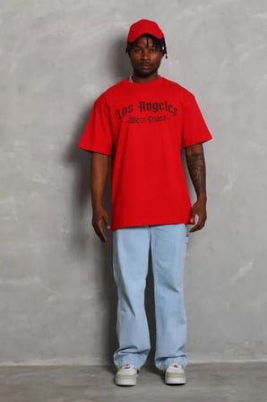 MYTHRIVA  Unisex Oversize Baskılı Bisiklet Yaka T-Shirt - Kırmızı