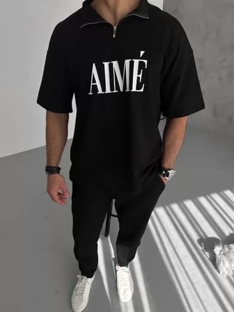 MYTHRIVA  Unisex Yarım Fermuarlı Baskılı T-Shirt - Siyah