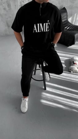 MYTHRIVA  Unisex Yarım Fermuarlı Baskılı T-Shirt - Siyah