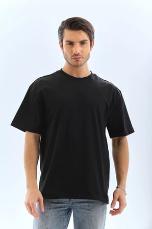 MYTHRIVA  Unisex Oversize Düz Bisiklet Yaka T-Shirt - Siyah