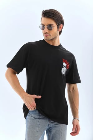 MYTHRIVA  Unisex Oversize Baskılı Bisiklet Yaka T-Shirt - Siyah