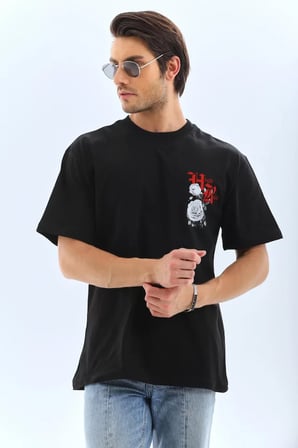 MYTHRIVA  Unisex Oversize Baskılı Bisiklet Yaka T-Shirt - Siyah