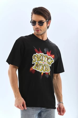 MYTHRIVA  Unisex Oversize Baskılı Bisiklet Yaka T-Shirt - Siyah