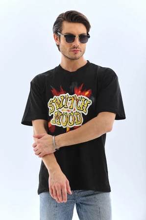 MYTHRIVA  Unisex Oversize Baskılı Bisiklet Yaka T-Shirt - Siyah