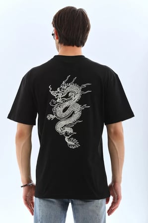 MYTHRIVA  Unisex Oversize Baskılı Bisiklet Yaka T-Shirt - Siyah