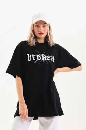 MYTHRIVA  Unisex Baskılı Oversize T-Shirt - Siyah