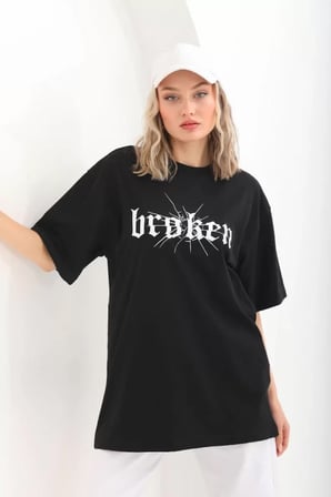 MYTHRIVA  Unisex Baskılı Oversize T-Shirt - Siyah