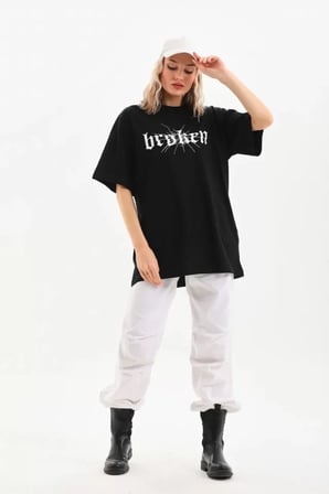 MYTHRIVA  Unisex Baskılı Oversize T-Shirt - Siyah