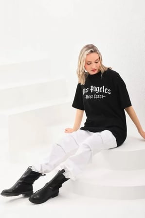 MYTHRIVA  Unisex Baskılı Oversize T-Shirt - Siyah