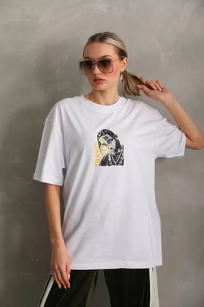 MYTHRIVA  Unisex Baskılı Oversize T-Shirt - Beyaz