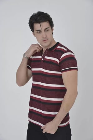 MYTHRIVA  Erkek Yakalı Slim Fit Dokuma Çizgili T-Shirt - Bordo