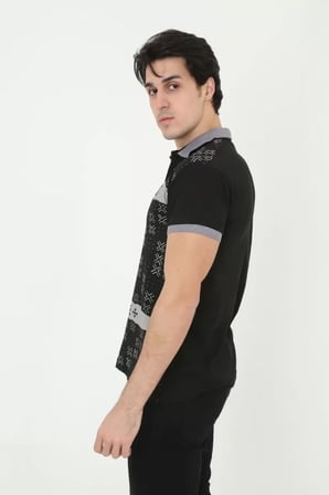 MYTHRIVA  Erkek Yakalı Slim Fit Baskılı T-Shirt - Siyah