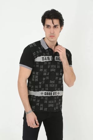 MYTHRIVA  Erkek Yakalı Slim Fit Baskılı T-Shirt - Siyah